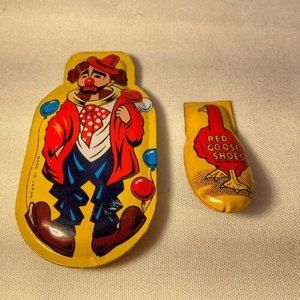 Vintage Noise Maker Clacker Hobo Clown, Red Goose Shoes Japan 2 pc lot